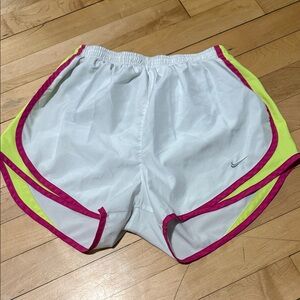 Nike Women’s White Athletic Shorts with Pink & Neon Yellow Trim